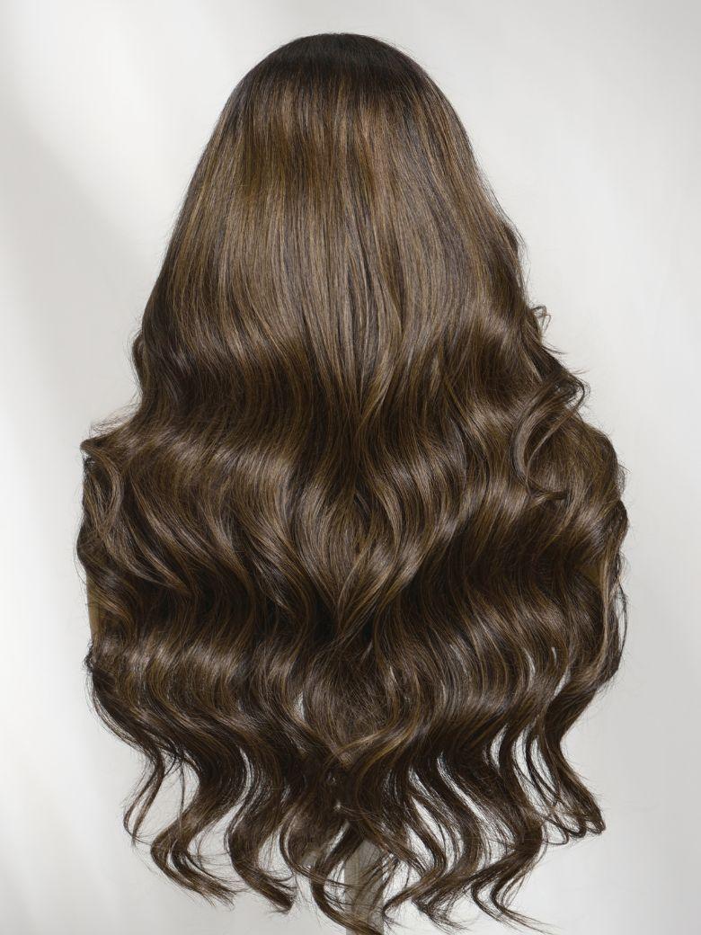 7x5 Bye-Bye Slip? Lace Brown with Caramel Highlights Loose Wave with Face-Framing Layers and Side Swept Bangs