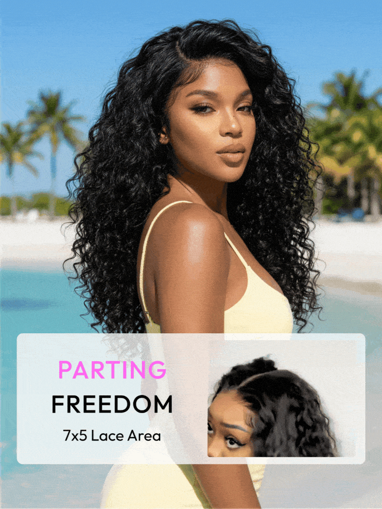 water wave glueless wig with a 7x5 lace area for deep parting freedom, styled in a voluminous look at the beach.