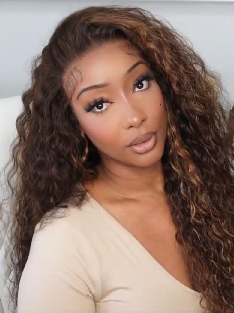 100% Human Hair Bye-Bye Knots? 7x5 Lace Dark Toffee Brown with Auburn Highlights Water Wave Wig with Invisi Drawstring