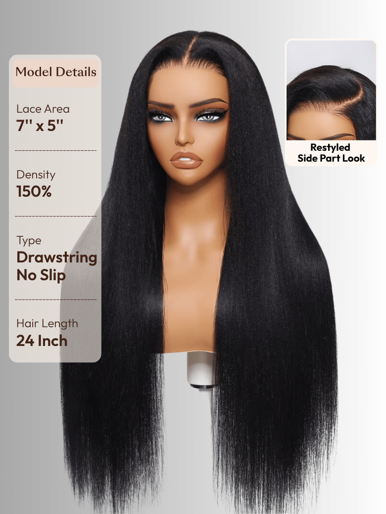 Bye Bye Slip? Wig 7x5 Glueless Lace Black Yaki Straight Wig With Elastic Drawstring 360 Cozy Hug 150% Density