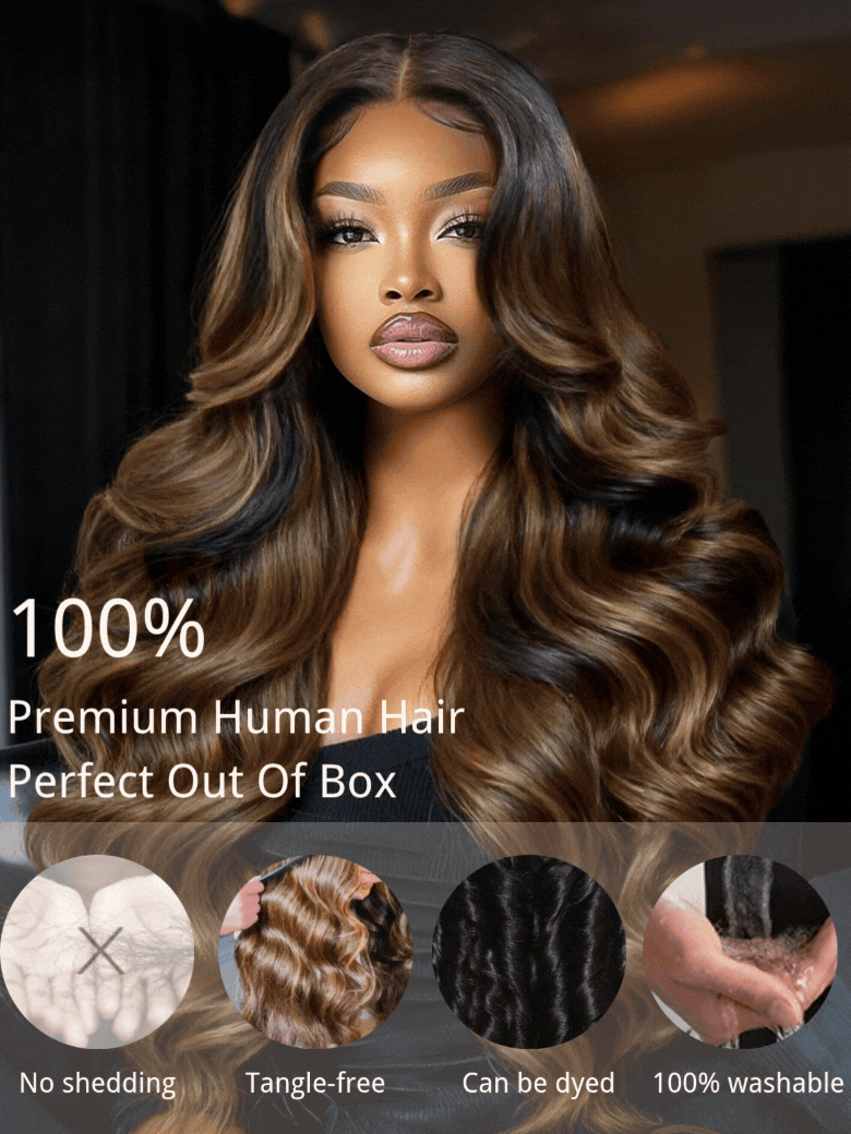7x5 Bye Bye Knots? Wig Glueless Lace Balayage Highlight Body Wave Drawstring Curtain Bangs Wig