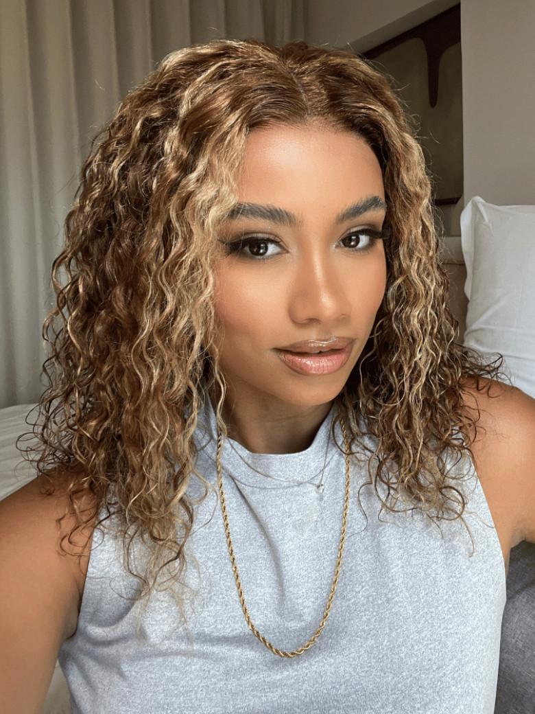 Bye Bye Knots 7x5 Pre-Cut Lace Honey Blonde Highlights Bouncy Water Wave Bob Wig