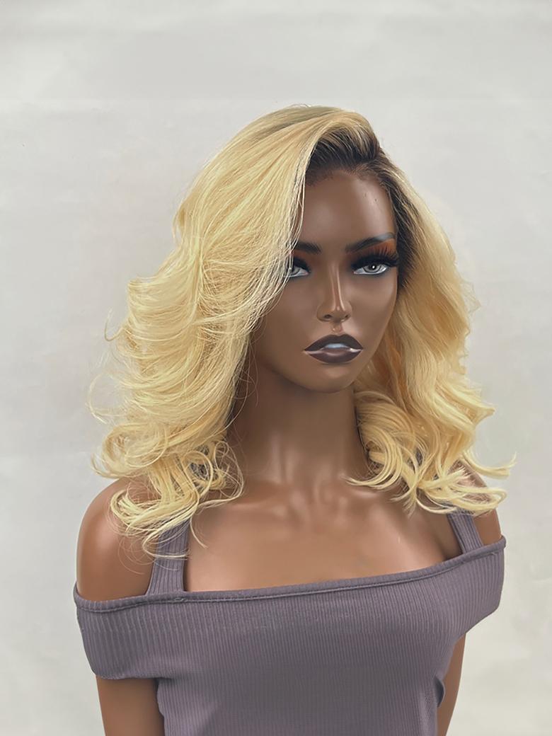 Dark Roots Blonde 13x4 Lace Front Big Wave Short Wig With Side Bangs