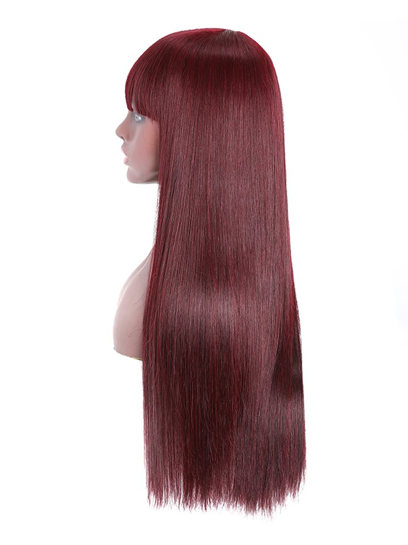 18 Inch Burgundy Silk Straight Human Hair Wigs with Bangs Glueless Machine Made Wigs for Women Real Hair Wig