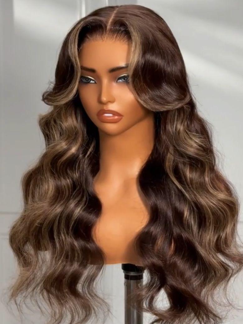 Bye-Bye Knots 7x5 Lace Chocolate Brown Hair With Highlights Loose Wave Wig With Face Framing Layers
