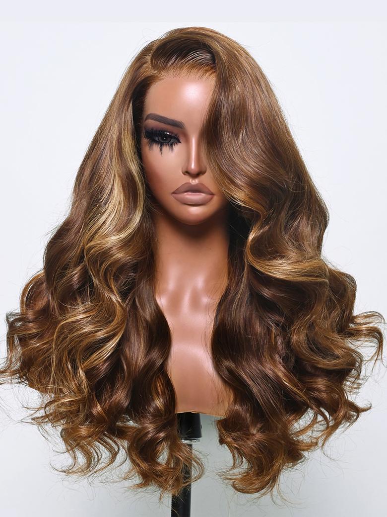 13x4 Lace Front Golden Brown With Flaxen Highlights Loose Wave Wigs