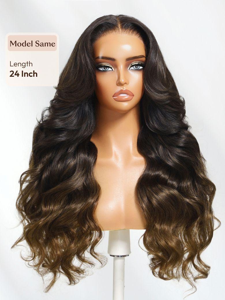 13x4 Pre-Everything? Lace Frontal Coffee Brown Loose Wave Glueless Drawstring Wig with Layered Curtain Bangs