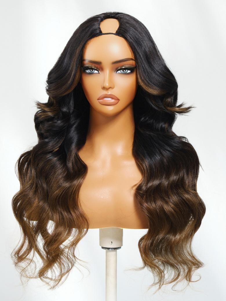 From 22'' Low Maintenance Put On & Go Chestnut Brown Ombre Yaki Straight Headband& Black Afro Kinky Curly Half Wigs 150% Density Wig Human Hair Glueless Wig
