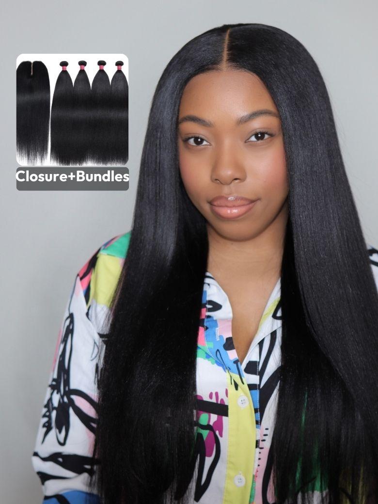 Yaki Hair 4 Bundles with Middle Part T Part Lace Closure Natural Color Virgin Human Hair