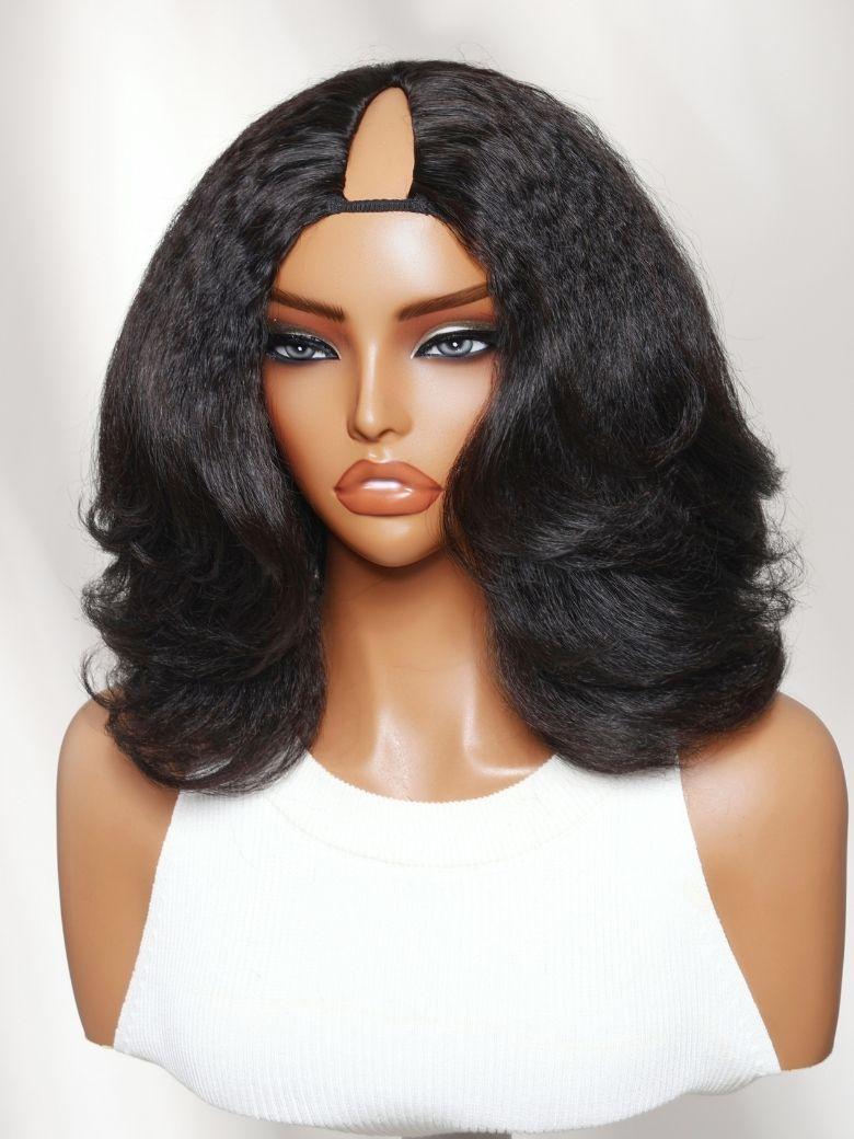 InvisiBlend? V Part Curly Texture Drawstring Human Hair Wig With Finger Coil Ends