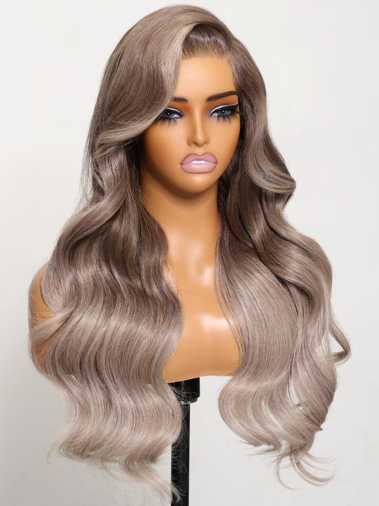 22 Inch Bye-Bye Knots Wig 7x5 Lace Light Ash Brown and Silver Ombre Loose Wave Wig