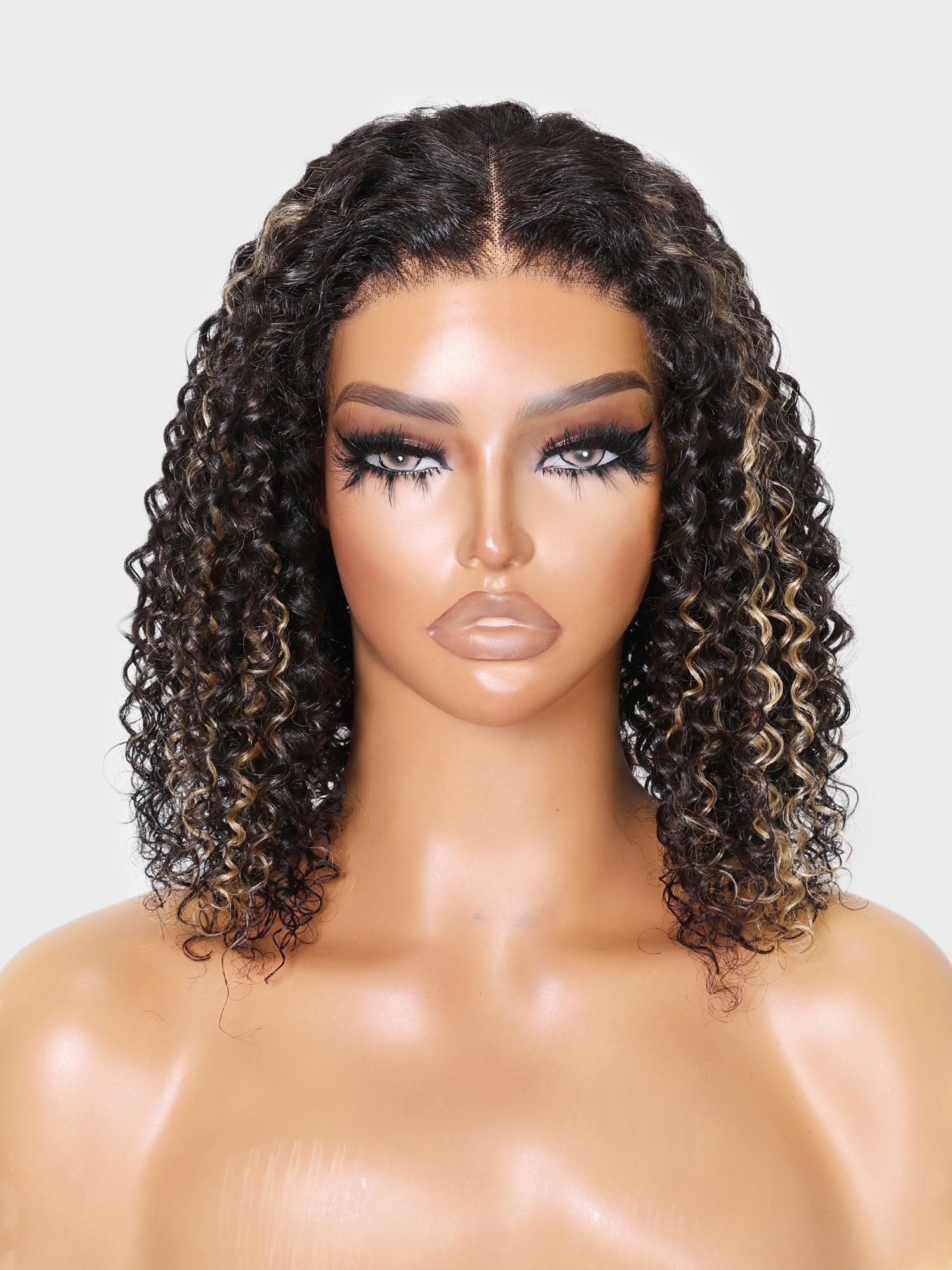 Put On And Go 6x4.5 Pre-Cut Lace Black With Blonde Highlights Bouncy Jerry Curly Air Wig