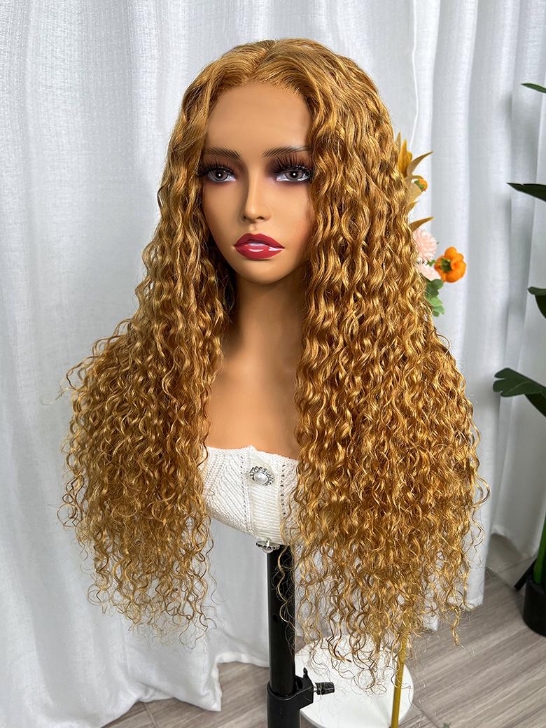 13x4 Lace Front Light Golden Brunette Glossy Water Wave Wig 150% Density