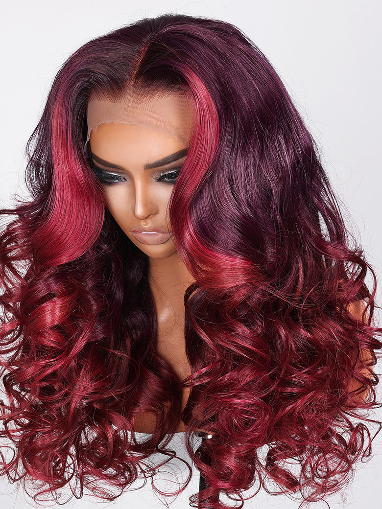 13x4 Lace Front Burgundy Loose Wave Wig With Ruby Red Face Framing Highlights