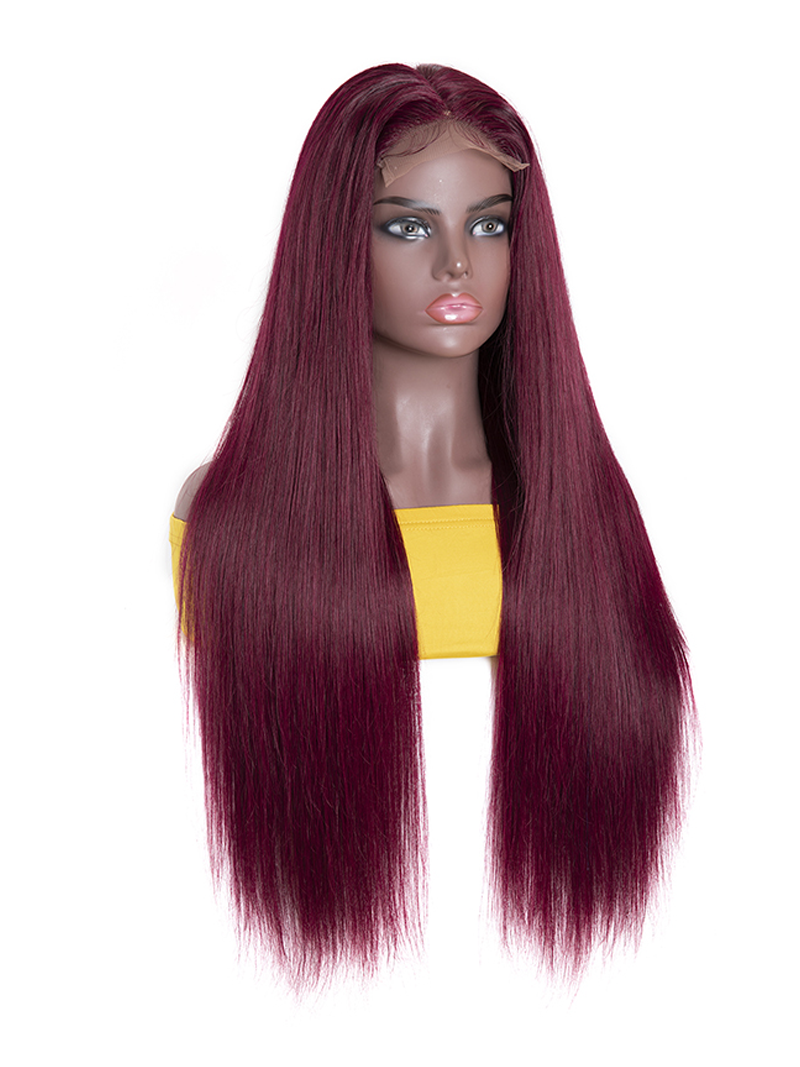 Lace Part 99J Pre Plucked Burgundy Virgin Straight Hand Tied Hair Line Wig