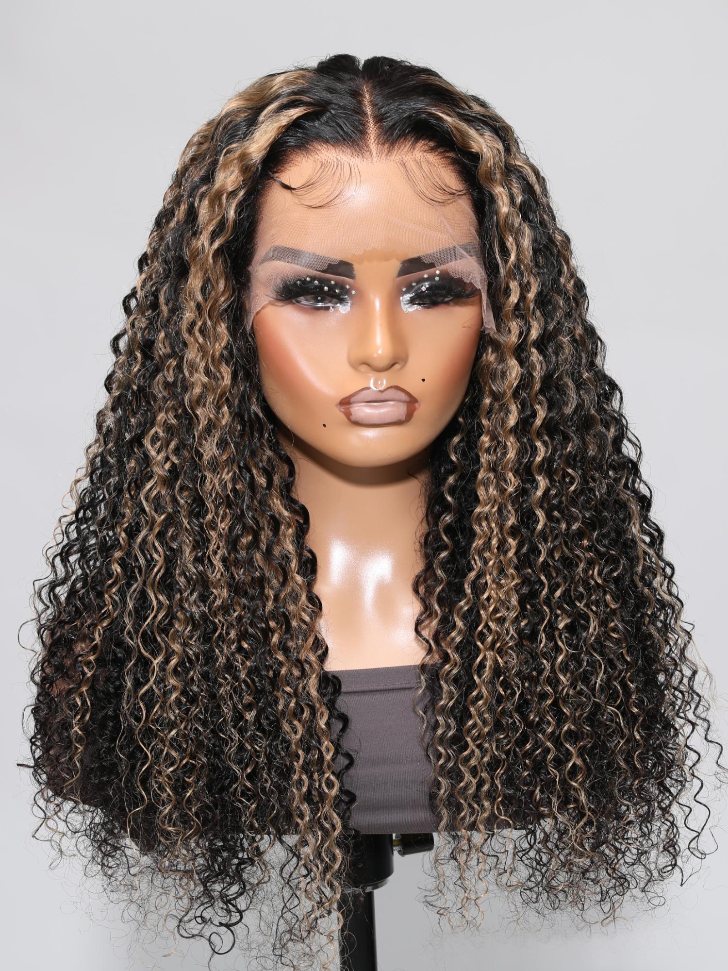 13x4 Lace Front Black Curly Wig With Blonde Piano Highlights