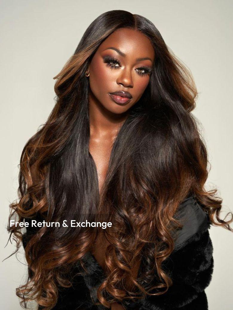 7x5 Bye Bye Knots Wig Glueless Lace Black to Chestnut Brown Ombre Loose Wave Wig With Bleached Knots 150% Density