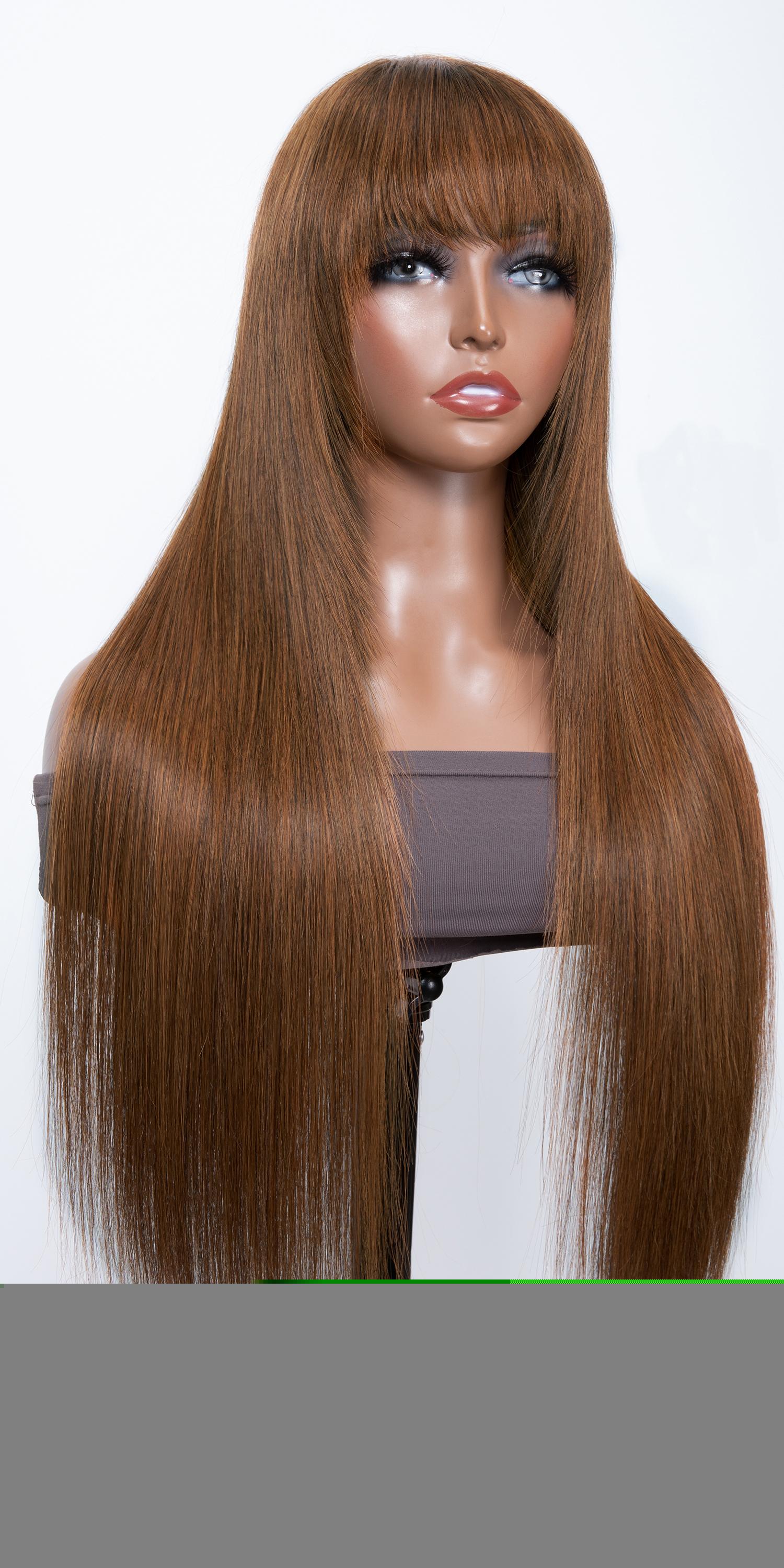 Glueless Dark Brown Hair Color Layer Cut Bang Wig Fast Install in 5 Mins