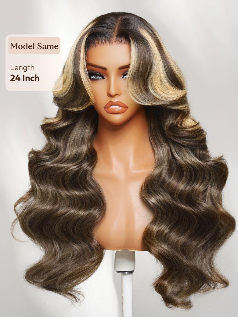 13x4 Pre-Everything? Lace Frontal Coffee Brown Loose Wave Glueless Drawstring Wig with Layered Curtain Bangs