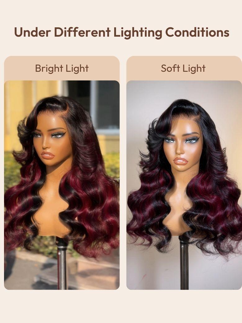 Bye-Bye Knots 7x5 Lace Loose Wave Burgundy Highlights Wig with Face Framing Layers 180% Density