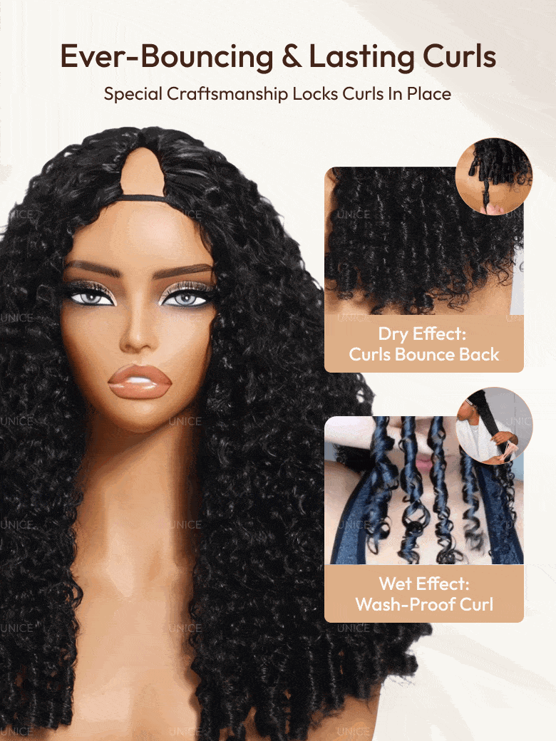 InvisiBlend? V Part Curly Texture Drawstring Human Hair Wig With Finger Coil Ends