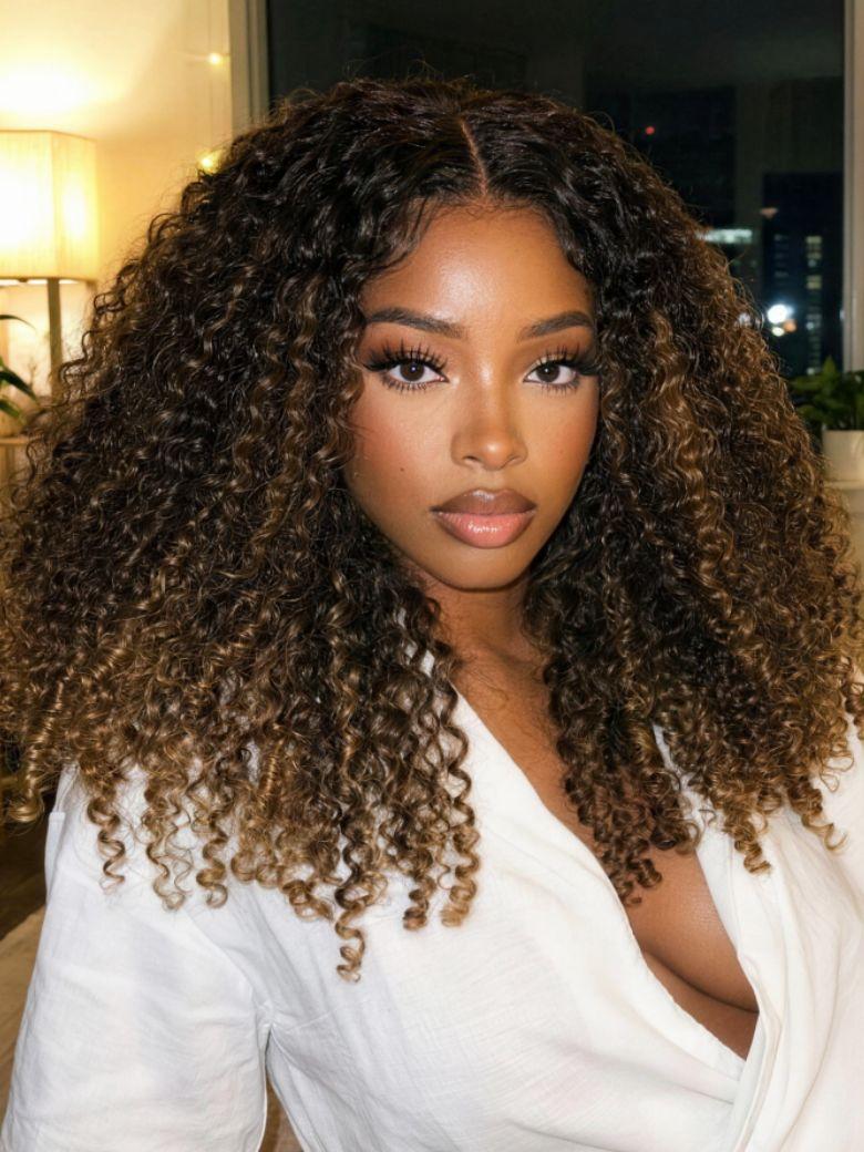 Glueless Curly Wig With Defined Finger Coil Ends Black to Chestnut Brown Ombre Bye-Bye Knots? 7x5 Lace Drawstring Wig