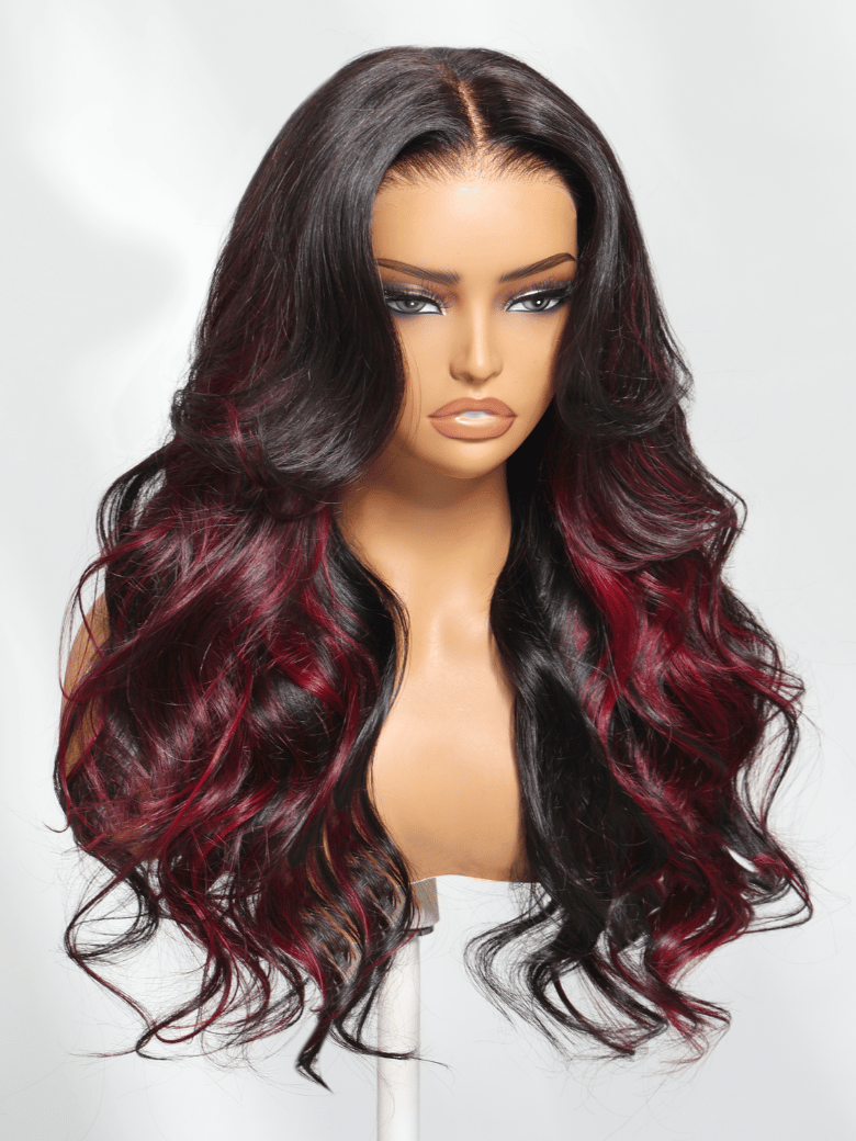 Bye-Bye Knots 7x5 Lace Loose Wave Burgundy Highlights Wig with Face Framing Layers