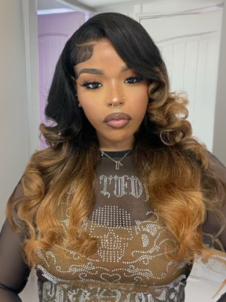13x4 Lace Front Toasted Caramel Ombre Body Wave Wig With Dark Roots