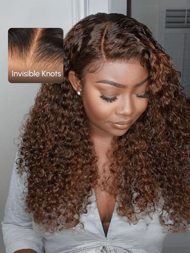 Bye Bye Knots Wig 7x5 Glueless Lace Highlight Piano Brown Kinky Curly Wig with Bleached Knots