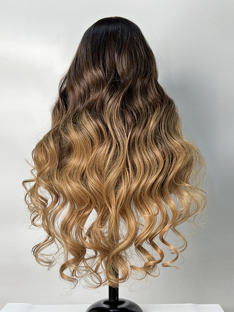 From 22" 180% Density 13x4 Lace Front Black With Golden Blonde Highlights Beyon-Celebrity Style Loose Wave Ombre Wig