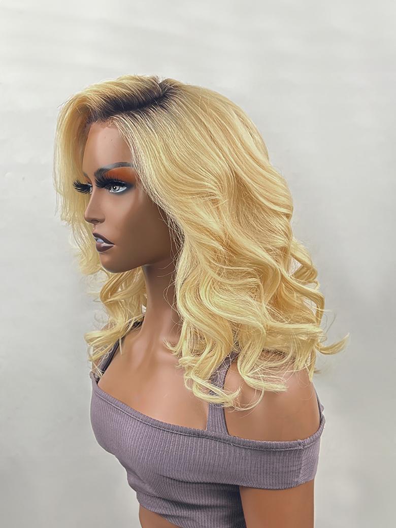 Dark Roots Blonde 13x4 Lace Front Big Wave Short Wig With Side Bangs