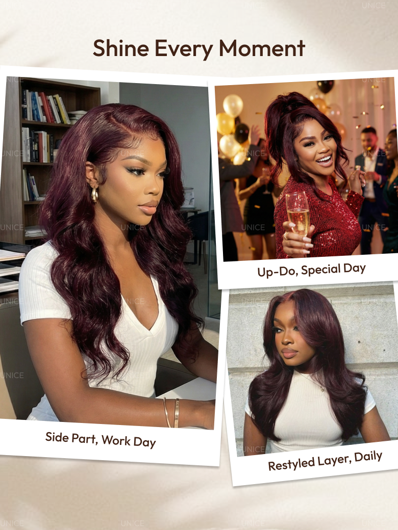 7x5 Bye-Bye Knots? & 13x4 Pre-Everything? Lace Frontal Purple Black Cherry Layered Straight & Loose Wave With Invisi Drawstring Wig