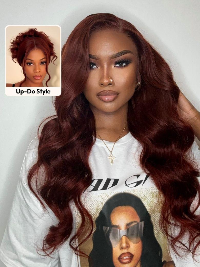 7x5 Bye Bye Knots Wig Glueless Lace 150% density Flattering Sun-Kissed Warm Tones Reddish Brown Body Wave Bleached Knots Wig