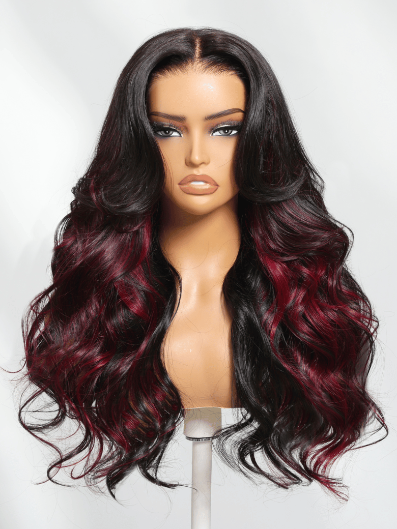 Bye-Bye Knots 7x5 Lace Loose Wave Burgundy Highlights Wig with Face Framing Layers