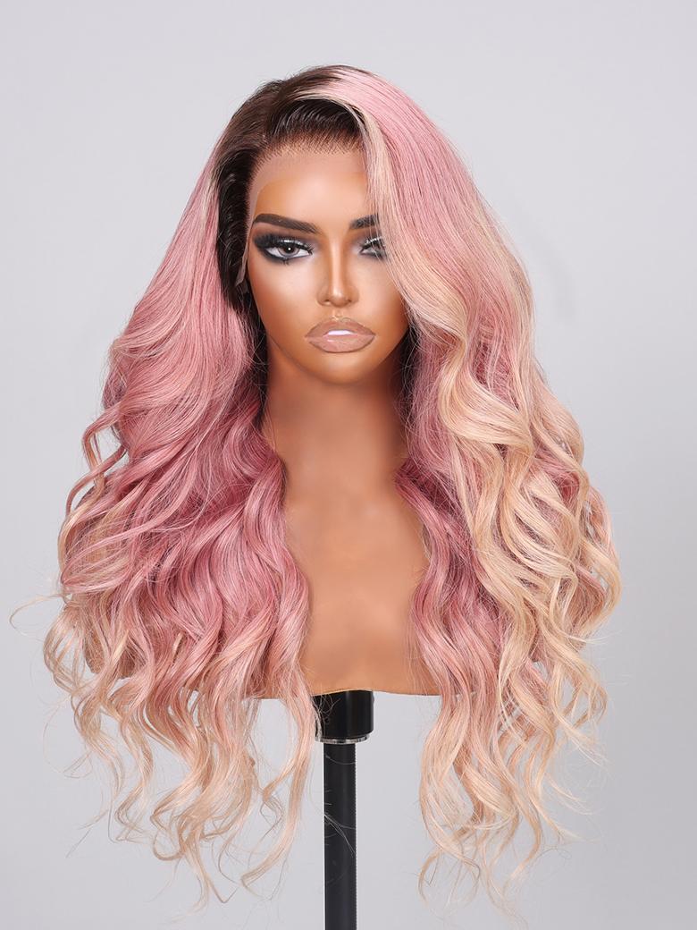 13x4 Lace Front Peach Blonde Loose Wave Wig With Brown Roots