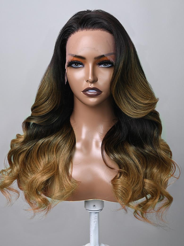13x4 Lace Front Toasted Caramel Ombre Body Wave Wig With Dark Roots