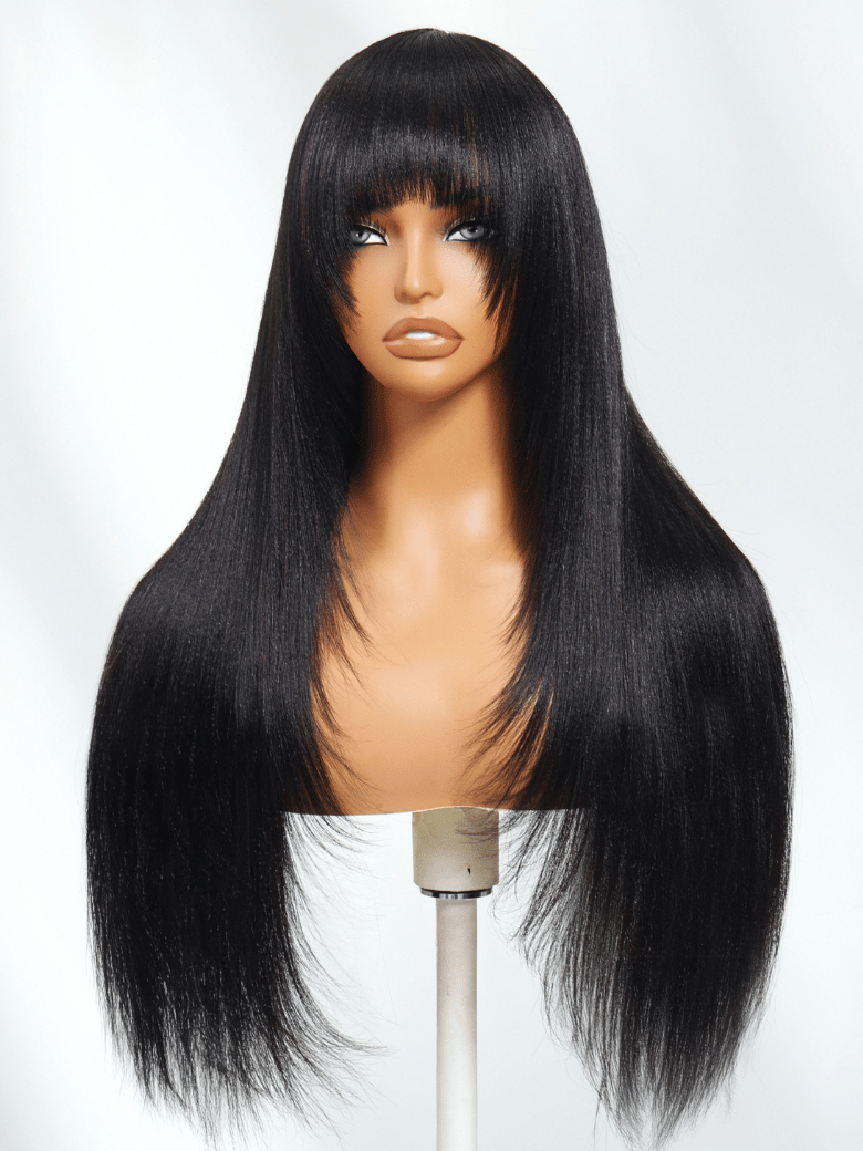 Black Yaki Wig Human Hair Glueless Wig with Blunt Bangs
