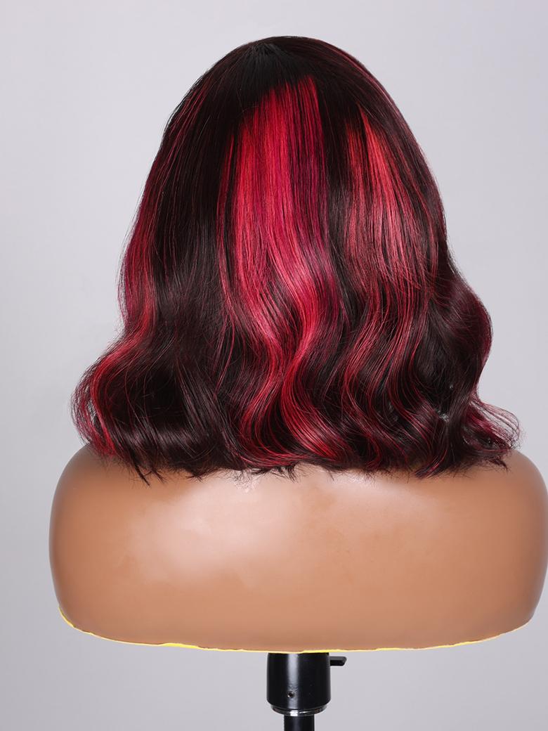 13x4 Lace Front Black With Burgundy Pink Chunky Highlights Long Bob Wig