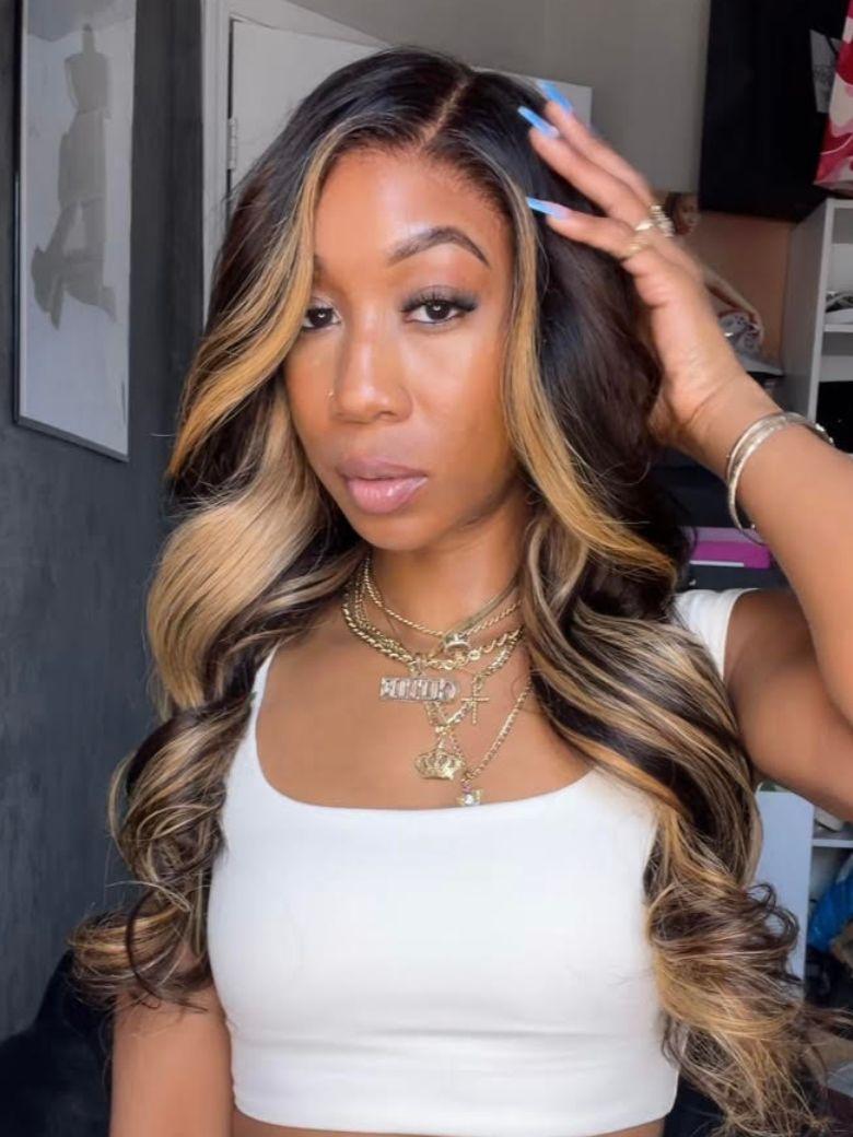 7x5 Bye-Bye Slip? Lace Loose Wave Butterscotch Highlights Brown with Free Face Framing Bangs Wig 150% Density