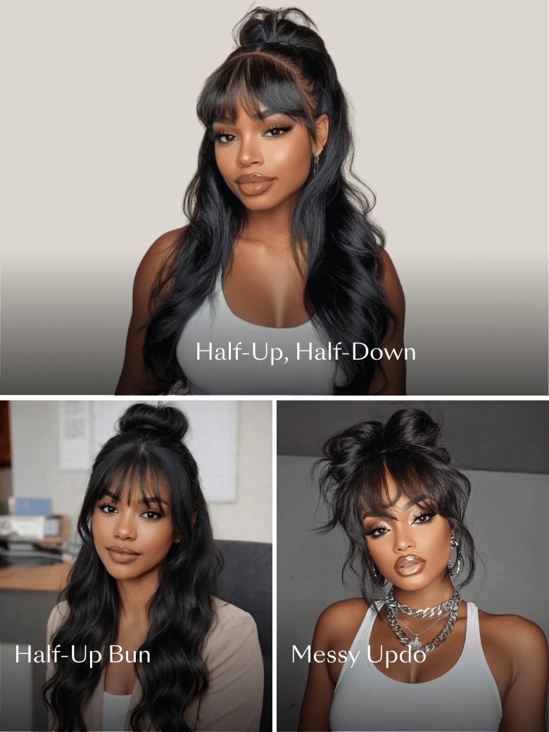 Long loose wave wig with bangs styled in a half-up half-down look, a half-up bun, and a messy updo.