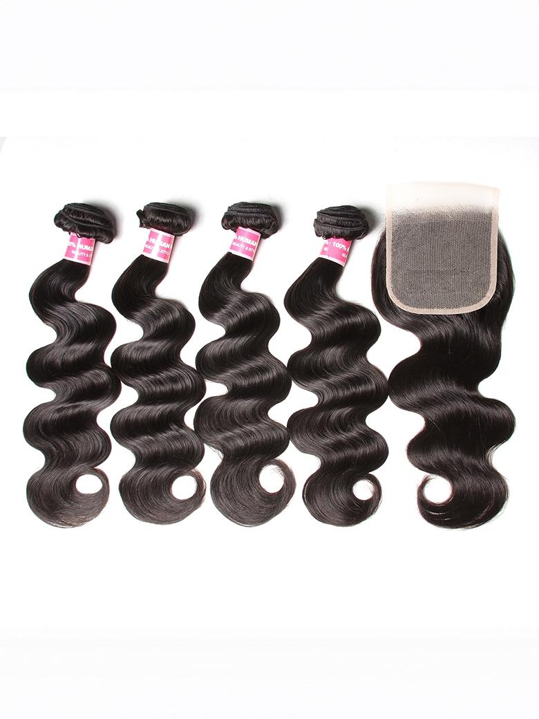 Hair 4pcs Brazilian Virgin Hair Body Wave Hair Bundles With Lace Closure