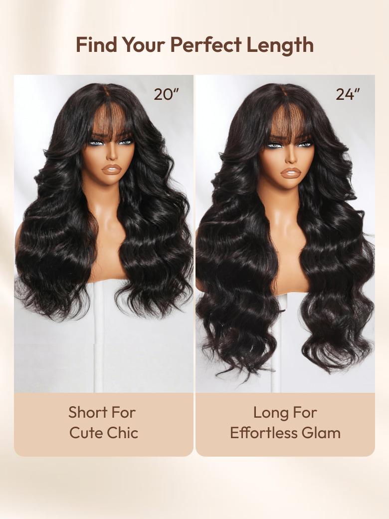 Human hair wig length chart comparing 20-inch loose wave and 24-inch long wavy black hair options with wispy bangs.