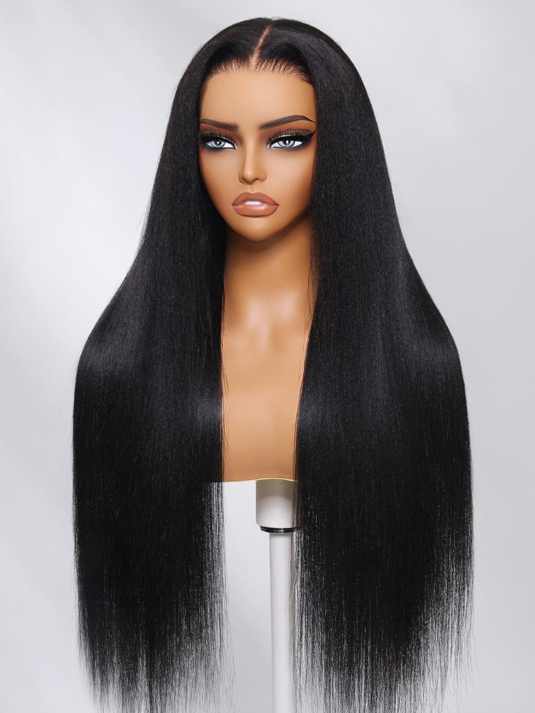ByeBye Knots? Wig 7x5 Glueless Lace Black Yaki Straight Wig With Elastic Drawstring 360 Cozy Hug