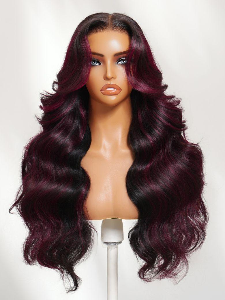 13x4 Pre-Everything? Lace Frontal Black With Burgundy Highlights Loose Wave Wig with Face Framing Layers