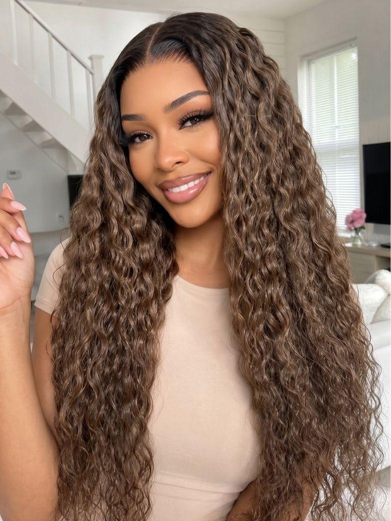 7x5 Bye Bye Slip? Lace Ash Brown With Dark Roots Water Wave/Curly Glueless Wig with Invisi Drawstring