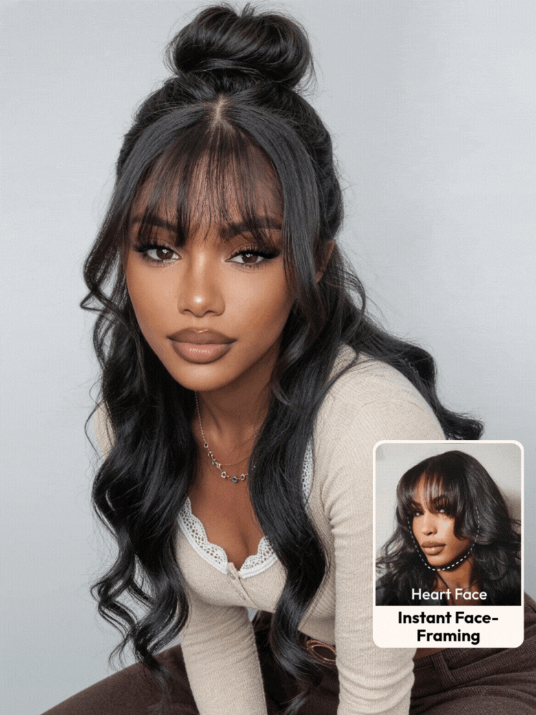 7x5 ByeBye Knots? Black Fluffy Natural Loose Wave Curtain Bangs Wig