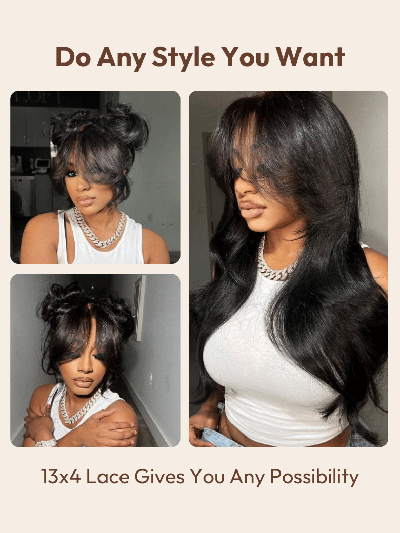 13x4 Pre-Everything? Lace Frontal Black Fluffy Natural Curtain Bangs Loose Wave Wig