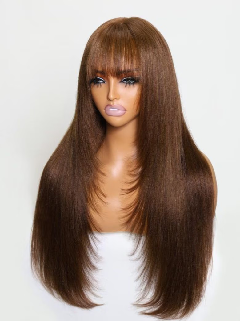 Yaki Straight Human Hair Wigs with Bangs 2x4 Lace Chocolate Brown Layered Cut Glueless Wigs Ready to Wear Wig