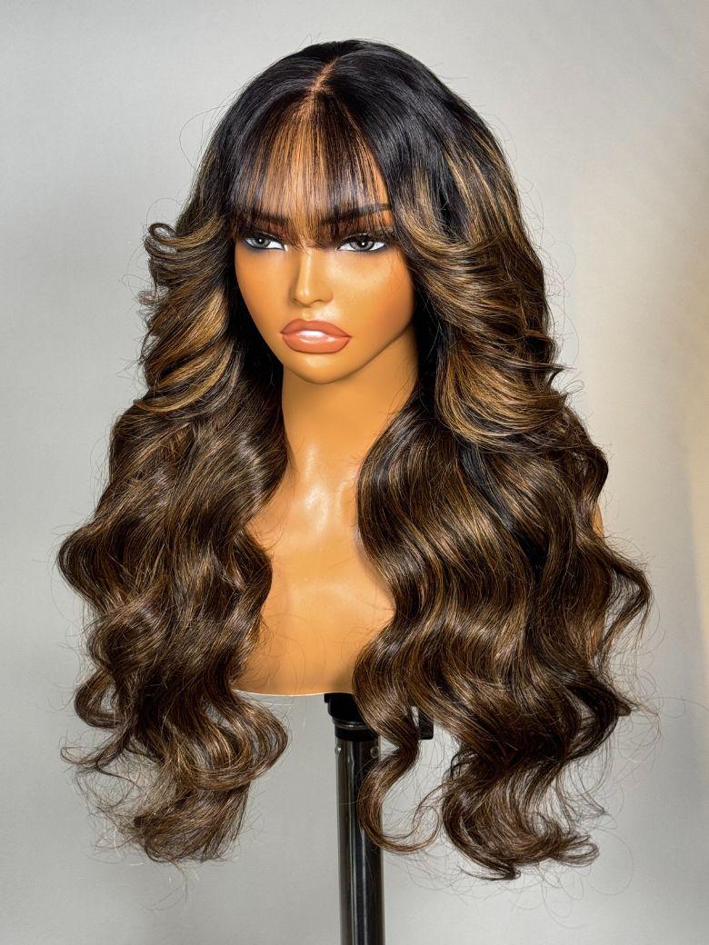 13x4 Pre-Everything? Lace Frontal Balayage Highlights Fluffy Natural Loose Wave Curtain Bangs Wig