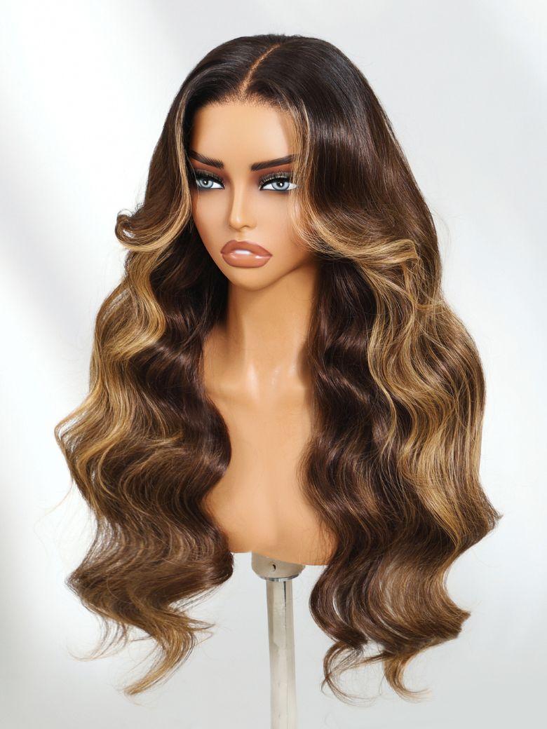 13x4 Pre-Everything? Lace Frontal Brown with Honey Blonde Highlights Loose Wave Drawstring Wig with Face Framing Layers